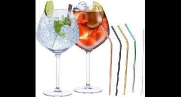 Set van 4x Gin Tonic cocktailglazen met 4x herbruikbare gekleurde rietjes RVS - 730 ml - Cocktails drinken - Cocktails