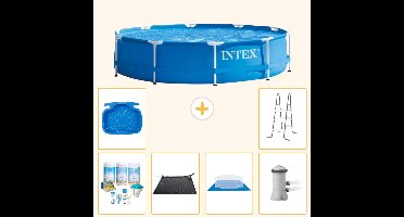 Intex Rond Frame Zwembad - 366 x 76 cm - Blauw - Inclusief Onderhoudspakket - Solar Mat - Grondzeil - Zwembadfilterpomp - Voetenbad - Ladder - 7-delig