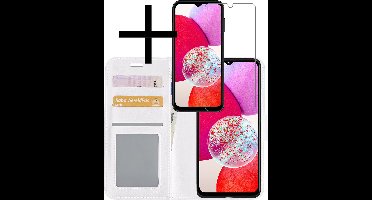 Hoesje - Met Screenprotector - Geschikt voor Samsung Galaxy A14 - Luxe Pasjeshouder - Bookcase Portemonee - Flip Case - Kunstleer Book Case - Flipcase - Book Cover - Walletcase - Portemonneehoes - Wit
