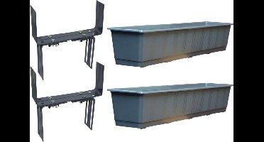 Set van 2 kunststof plantenbak antraciet grijs rechthoekig 80 cm met 4 verstelbare balkon/muurbeugels