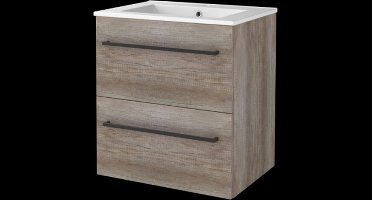 Basic Start 46 badmeubelset met wastafelonderkast met grepen, 2 lades en porseleinen wastafel met 1 kraangat 60 x 46 cm, scotch oak