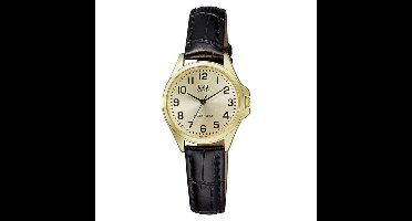 Q&Q QA07J103Y - Horloge - Analoog - Vrouwen - Dames - Leren band - Rond - Metaal - Cijfers - Zwart - Goudkleurig - 3 ATM