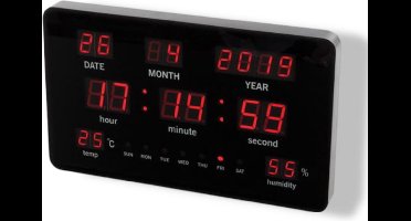 Perel Digitale wandklok, led-display, kalender, temperatuur, luchtvochtigheid, voor kantoor, werkplaats en klaslokaal, 37.5x25.5cm