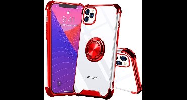 Hoesje Geschikt voor iPhone 11 Pro Max hoesje silicone met ringhouder Back Cover case - Transparant/Rood