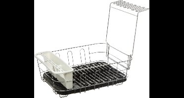 Luxe afdruiprek/afwasrek zwart met lekbak en extra wijnglazen houder 44 x 36 cm van metaal - Afwassen