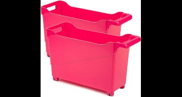 Set van 6x stuks kunststof trolleys fuchsia roze op wieltjes L45 x B17 x H29 cm - Voorraad/opberg boxen/bakken