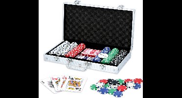 Pokerset met 300 Poker Chips - Incl. Pokerkoffer met Kaartspel en Fiches - Poker Set voor 4-5 Personen - 38,5 x 21 x 6 cm - Aluminium - Zilver