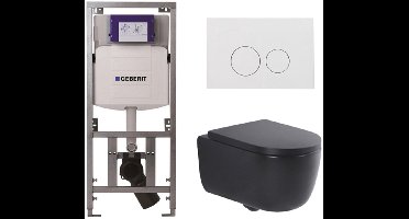 QeramiQ Dely Swirl Toiletset - 36.3x51.7cm - Geberit UP320 inbouwreservoir - met Burda frame - 35mm zitting - glans witte bedieningsplaat - ronde knoppen - mat zwart