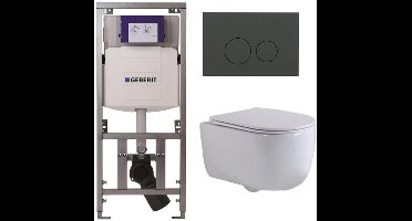 QeramiQ Dely Swirl Toiletset - 36.3x51.7cm - Geberit UP320 inbouwreservoir - met Burda frame - slim zitting - bedieningsplaat mat antraciet - ronde knoppen - wit mat