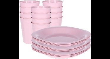 Plasticforte Verjaardag/kinder/camping borden/beker set - 24x stuks - lichtroze - kunststof - onbreekbaar