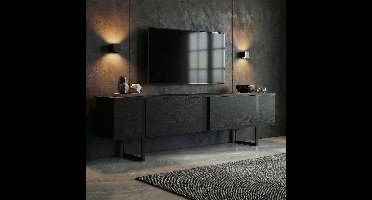 Asir - TV-standaard - Hout Zwart, Zwart - 100% met melamine gecoat spaanplaat - 39 x 190 x 10 cm