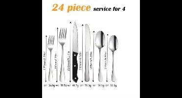 24-Delig Bestekset voor 4 Personen - Voedselveilig RVS Bestek met Steakmessen - Spiegelfinisje voor Huis en Restaurant - Complete Set met Messen, Vorken en Lepels - Luxe Zilverwerk Set voor Dagelijks Gebruik