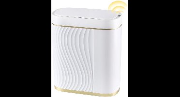 Slimme prullenbak met bewegingssensor – 8 liter automatische afvalbak met deksel – ultra dun ontwerp, waterdicht IPX5, ABS kunststof – ideaal voor badkamer, slaapkamer, kantoor en keuken – Wit met gouden lijnen