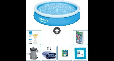 Bestway Rond Opblaasbaar Fast Set Zwembad - 366 x 76 cm - Blauw - Inclusief Pomp Solarzeil - Speelgoed - Vloertegels - 7-delig