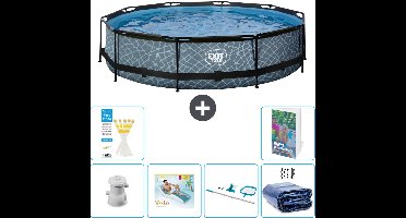 EXIT Rond Stone Frame Zwembad - 360 x 76 cm - Inclusief Pomp Loungebed - Schoonmaakset - Solarzeil - 7-delig
