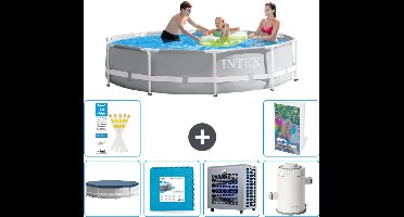 Intex Rond Prism Frame Zwembad - 305 x 76 cm - Grijs - Inclusief Afdekzeil - Vloertegels - Warmtepomp - Zwembadfilterpomp - 7-delig
