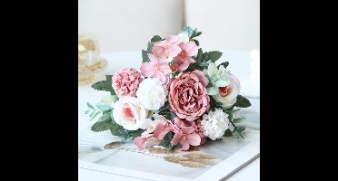 2 Bundels Kunstbloemen - Echte Zijden Kunstbloemen Roze Kunstrozen Pioenrozen Nepboeket voor Bruiloft, Feest, Huis- en Keukendecoratie