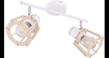 Plafondlamp wit plafondspot hout spots voor plafond, 2 vlammen beweegbare spots, landhuis stijl hout look metaal wit naturel, 2x E27 stopcontacten, LxBxH 36x17x18cm