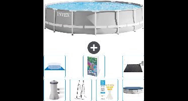 Intex Rond Prism Frame Zwembad - 427 x 107 cm - Grijs - Inclusief Pomp - Ladder - Grondzeil - Afdekzeil Solar Mat - 8-delig