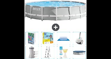 Intex Rond Prism Frame Zwembad - 457 x 107 cm - Grijs - Inclusief Pomp - Ladder - Grondzeil - Afdekzeil - Onderhoudspakket - Stofzuiger - 9-delig