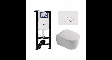 QeramiQ Dely Swirl Toiletset - 36.3x51.7cm - Inbouwreservoir met Geberit UP320 spoelmechanisme - 35mm zitting - glans witte bedieningsplaat - ronde knoppen - wit glans
