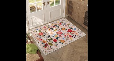 Bloemen deurmat, waterabsorberend, vuilbestendig, Boheemse stijl antislip deurmat, machinewasbaar, geschikt voor keuken, entree, badkamer, kinderkamer, 50×80cm, Beige