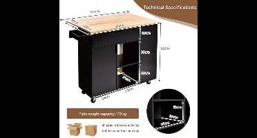 Klapbare Keukenwagen – Keukenkar – Keukentrolley – Werkbladwagen – Opbergwagen – Uitklapbaar Werkblad – Verstelbare Planken – Rubbenhout & MDF – Mobiel Met Remmen – Compact Ontwerp Voor Kleine Keukens