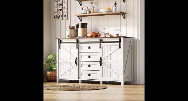 Dressoir – Sideboard – Opbergkast – Buffetkast – Ladekast – 137 cm Breed – MDF Wit Met Schuifdeuren En 4 Laden