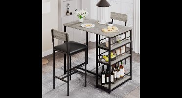 Eettafelset – Keukentafelset – Eetkamerset – Tafeltje Met Stoelen – Barkrukken – Compact Design – Gestoffeerde Barkrukken – Metaal En MDF – Rustiek Grijs