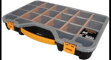 Perel assortimentsdoos, max. 20 compartimenten, 16 tussenschotten, transparant deksel, stapelbaar, 510 x 347 x 71 mm, geel/zwart