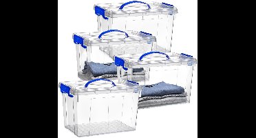 Plasticforte Opslagbox - 4x - met deksel - transparant blauw - 11 liter - 34 x 24 x 21 cm - kunststof - opbergdoos - opbergen