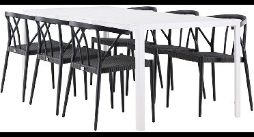 Break tuinmeubelset tafel 90x205cm wit, 6 stoelen zwart.
