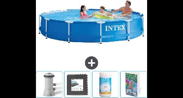 Intex Rond Frame Zwembad - 366 x 76 cm - Blauw - Inclusief Zwembadfilterpomp - Vloertegels - Chloor - Zwembadgids