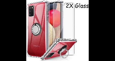Hoesje Geschikt Voor Samsung Galaxy A02s Hoesje Luxe Backcover - Galaxy A02s Hoesje Metale Ring houder Transparant - Screenprotector 2 Pack Galaxy A20s