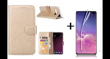 Ntech Hoesje Geschikt Voor Samsung Galaxy S10 Plus Book Hoesje Goud + Folie creenprotector