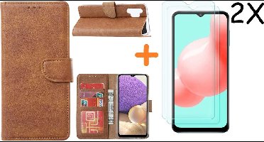 Hoesje Geschikt Voor Samsung Galaxy A32 hoesje bookcase Bruin Met screenprotector / 2X tempered glass