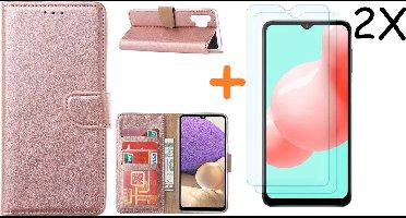 Hoesje Geschikt Voor Samsung Galaxy A32 hoesje bookcase Rose Goud Met screenprotector / 2X tempered glass