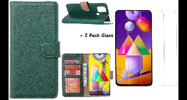 Hoesje Geschikt Voor Samsung Galaxy M31S Boek Hoesje / Wallet cover - Groen Met 2X glas Screenprotector