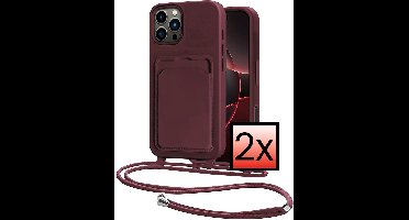 Hoes Geschikt voor iPhone 16 Pro Hoesje Pasjeshouder Cover Met Koord Case Siliconen Hoes Met Telefoonkoord en Kaarthouder - Aubergine - 2 PACK