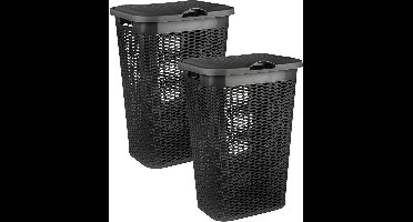 Plasticforte Wasmand Ventilation - 2x - met deksel - zwart - kunststof - 51 liter - 43 x 35 x 61 cm - Badkamer - Wasgoed - Nieuw design - Zeer stevig