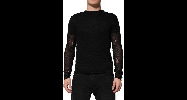 Linen Mesh Tattered Longsleeves T-shirt - Black