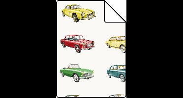 Proefstaal ESTAhome behang vintage auto's rood, geel en groen - 138731 - 26,5 x 21 cm