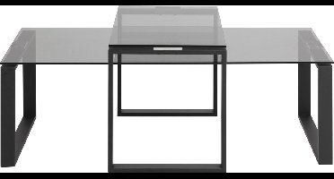 Kate salontafel set, rookkleurig glas en mat zwart metaal.