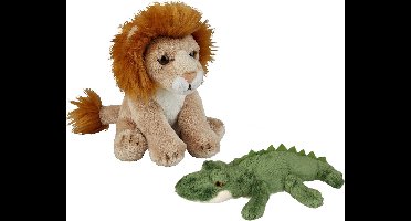 Ravensden - Safari dieren knuffels - 2x stuks - Krokodil en Leeuw - 15 cm - Dieren knuffels - Cadeau