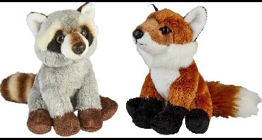 Ravensden - Bosdieren pluche knuffels - 2x stuks - Vos en Wasbeer - 15 cm