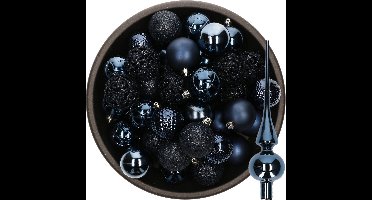 Decoris Kerstballen - 37x stuks 6 cm - met glazen piek glans - donkerblauw