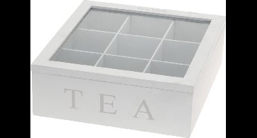 Excellent Houseware Theedoos - 9-vaks - hout - 23 x 23 cm - wit