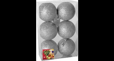 Gerimport Kerstballen - 6x - zilver - kunststof - glitters - D8 cm - kerstversiering