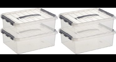Sunware q-line opberg box/opbergdoos - 12x - 10 liter - 40 x 30 x 11 cm - kunststof - opslagbox - transparant/zilver