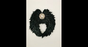 Balistuff.nl Veren juju Angel wings - wanddecoratie - bohemian -veren juju - zwart- veren hat - 50 x 53 cm- veren vleugels- handgemaakt bali